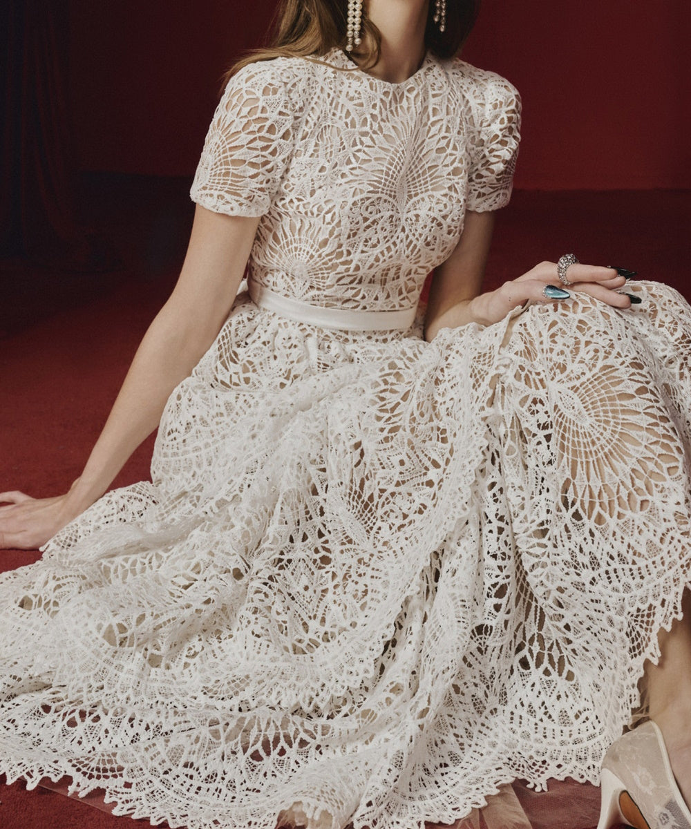 White Short Sleeve Tiered Lace Maxi Dress