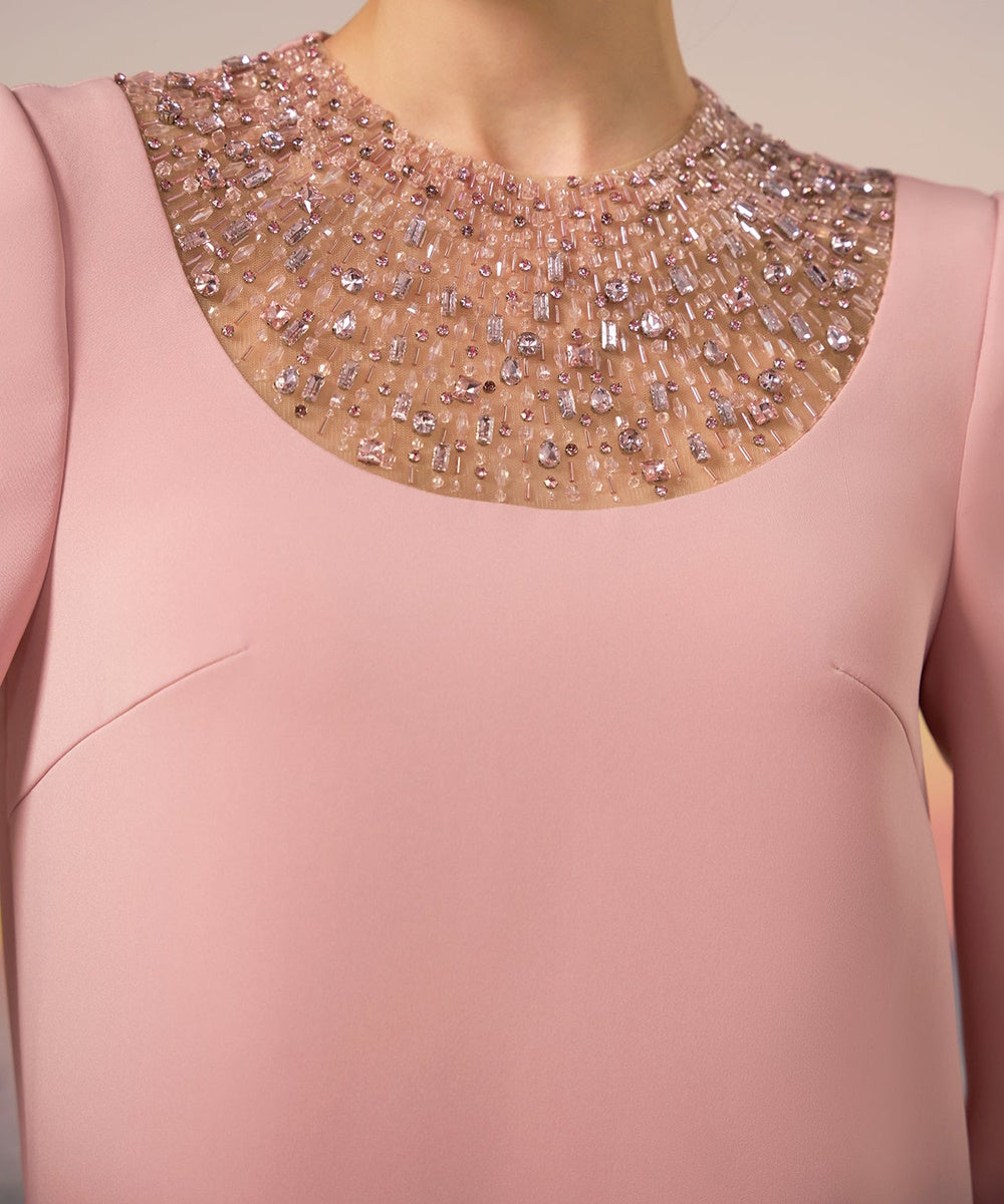 Dusty Pink Three Quarter Sleeve Beaded Mesh Neck Straight Maxi Evening Gown