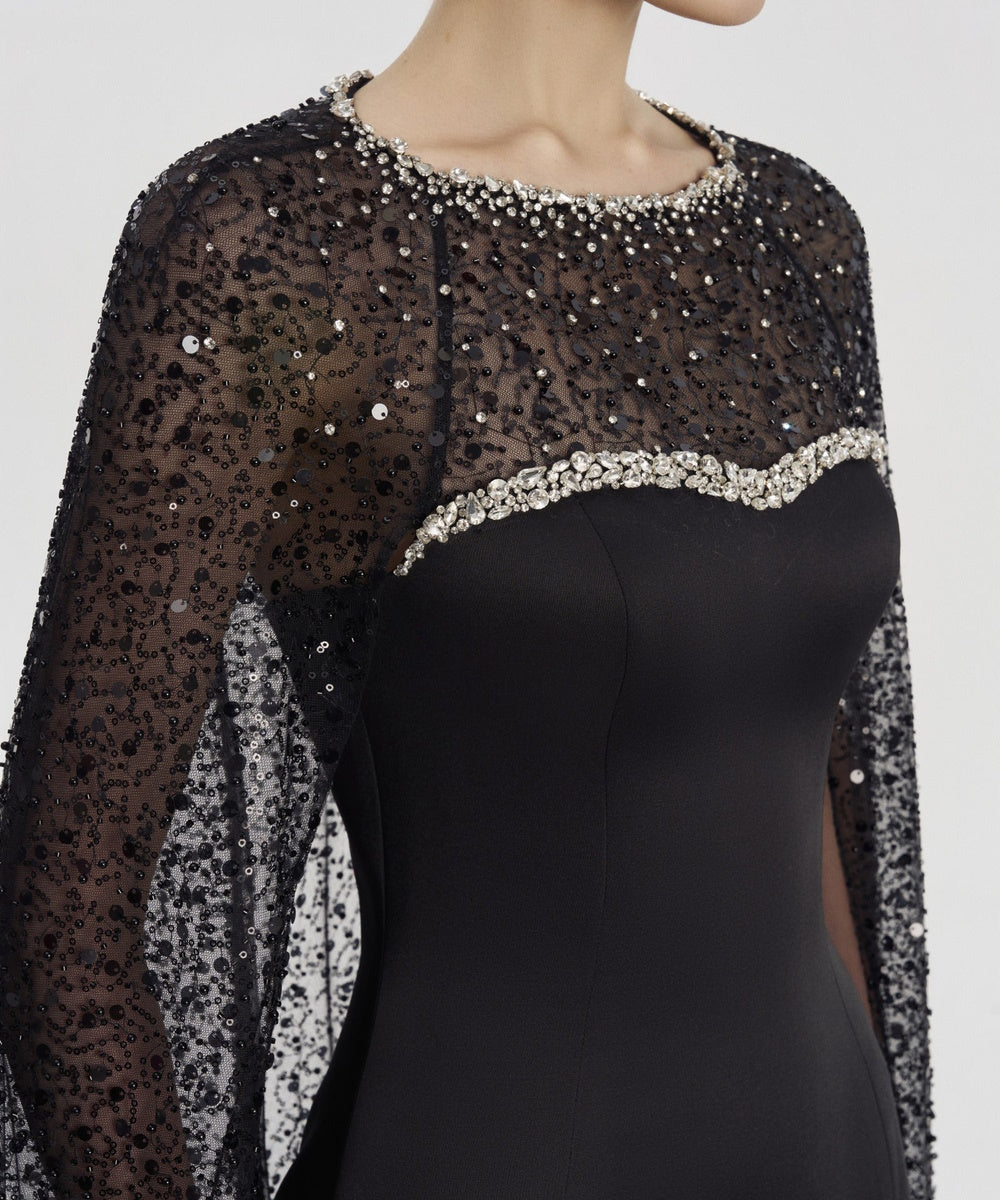 Black Beaded Cape Sleeve Mermaid Formal Evening Gown