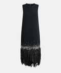 Sleeveless Shift Midi Dress With Crystal Beading And Feather Hem