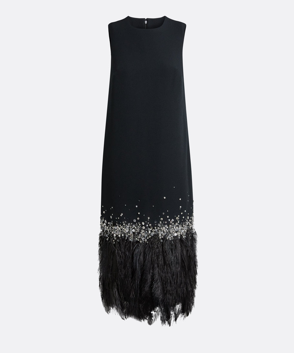 Sleeveless Shift Midi Dress With Crystal Beading And Feather Hem