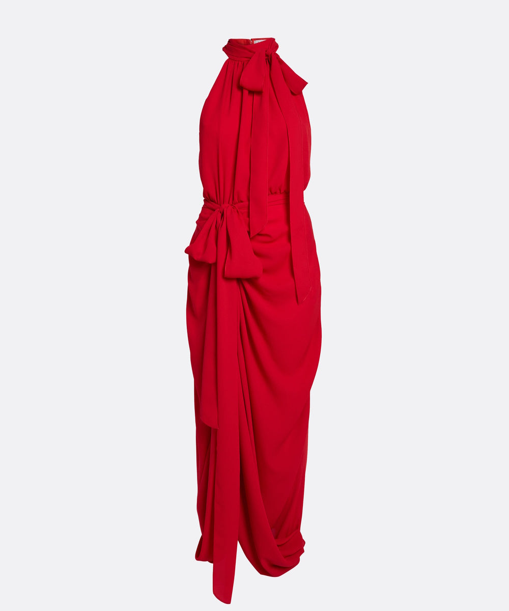 Red Halter Neck Bow Tie Draped Midi Chiffon Cocktail Dress