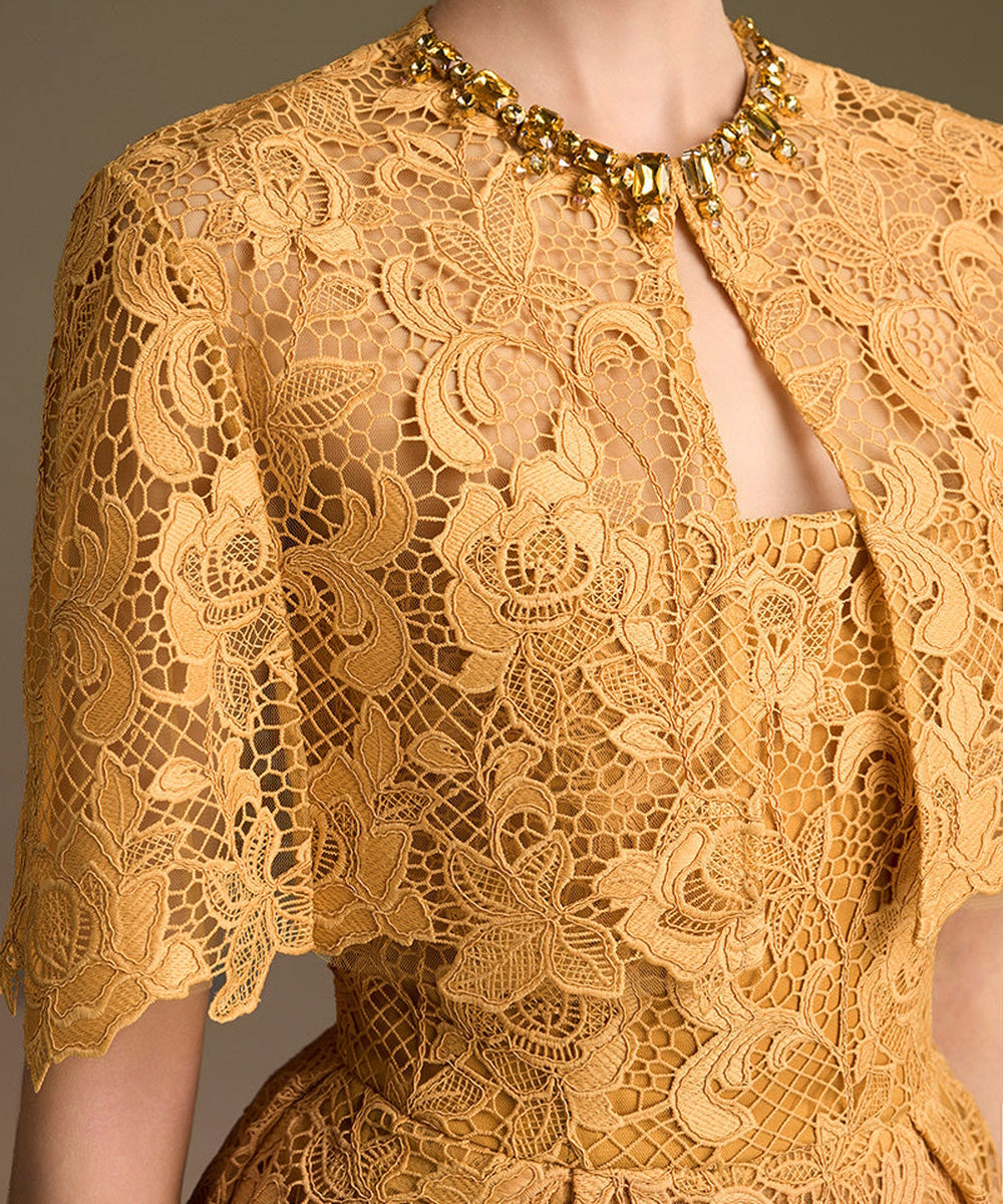 Golden Lace Cape Sleeve Maxi Formal Evening Gown