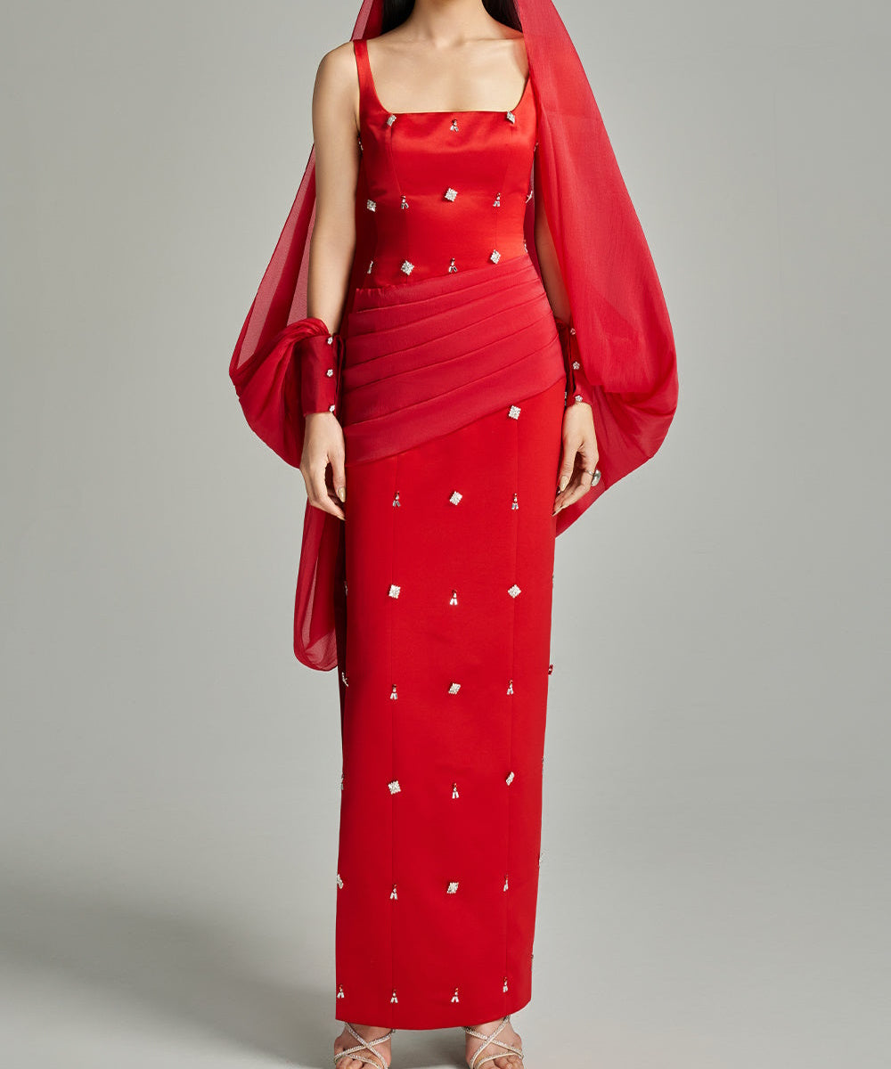 Red Square Neck Satin Midi Evening Dress With Flowy Chiffon Cape & Rhinestone Embellishment