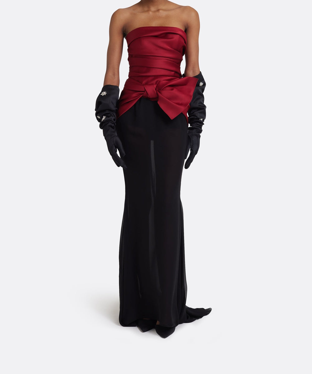 Burgundy Strapless Satin Ruched Bow Bodice Black Chiffon Mermaid Evening Gown
