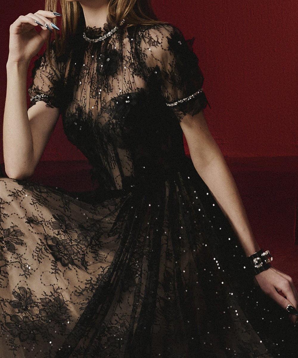 Black High Neck Puff Sleeve Lace Tulle Formal Maxi Dress