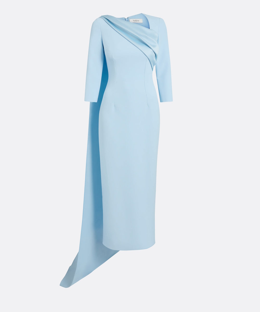 Light Blue Draped Asymmetric Neck Midi Sheath Gown With Back Satin Cape Train