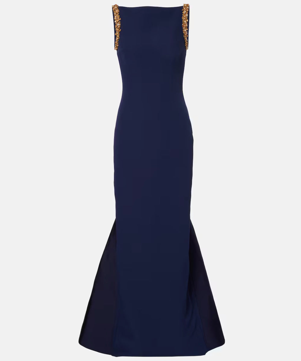 Navy Boat Neck Gold Beaded Strap Mermaid Maxi Evening Gown