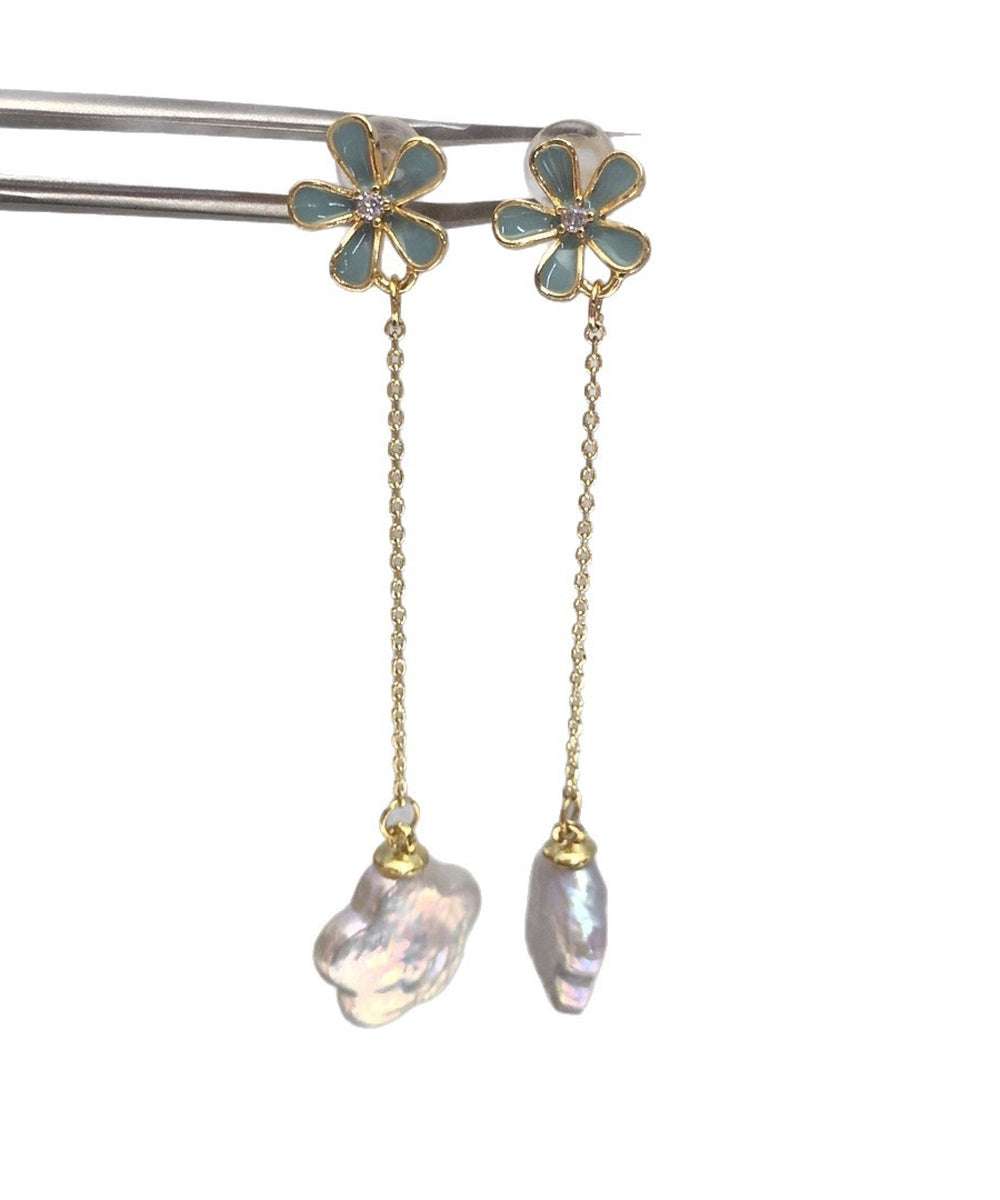 Light Blue Enamel Flower Long Chain Baroque Petal Pearl Drop Earrings