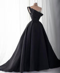 Black Satin One Shoulder Ruched Crystal Embellished Ball Gown With Detachable Arm Cuffs