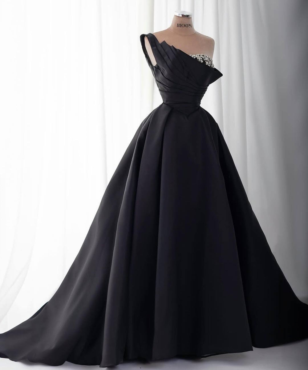 Black Satin One Shoulder Ruched Crystal Embellished Ball Gown With Detachable Arm Cuffs