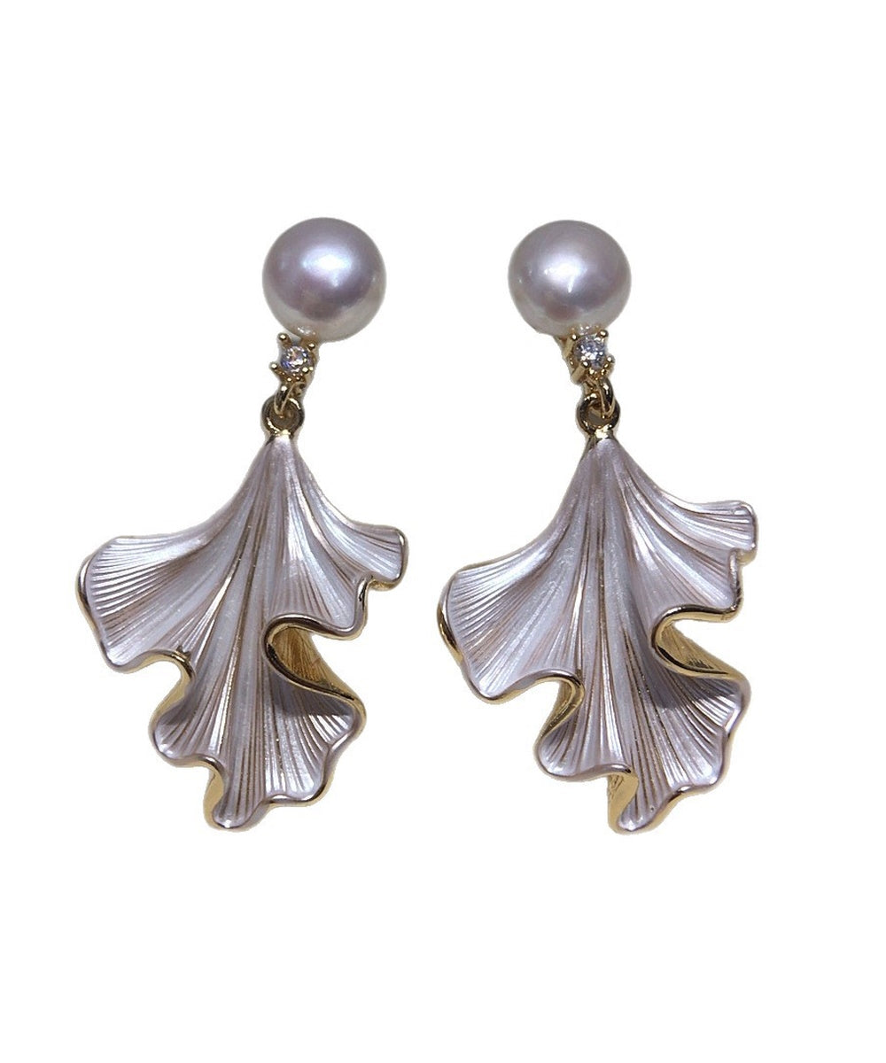Vintage White Enamel Ginkgo Leaf Pearl Drop Dangle Earrings