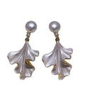 Vintage White Enamel Ginkgo Leaf Pearl Drop Dangle Earrings