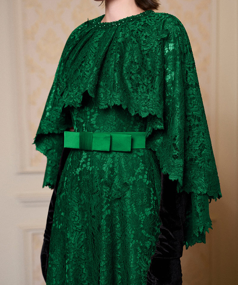 Emerald Green Lace Cape Maxi Formal Evening Gown With Belt