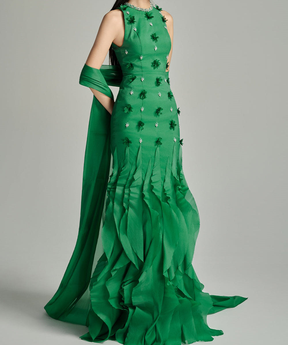 Green Sleeveless 3D Floral Beaded Ruffle Mermaid Evening Gown