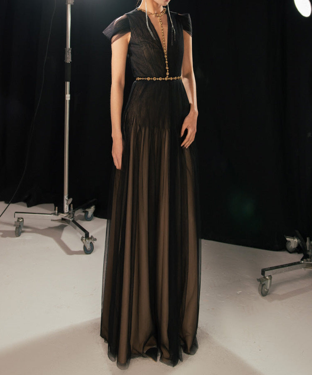 Black Pleated Tulle Deep V Gold Beaded A-Line Evening Gown