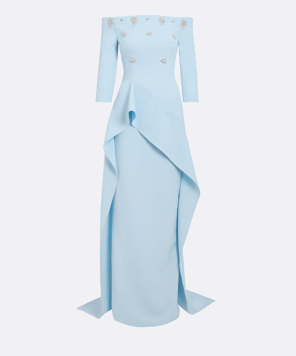 Light Blue Off‑The‑Shoulder Embellished Crepe Gown With Draped Ruffle Panel Train