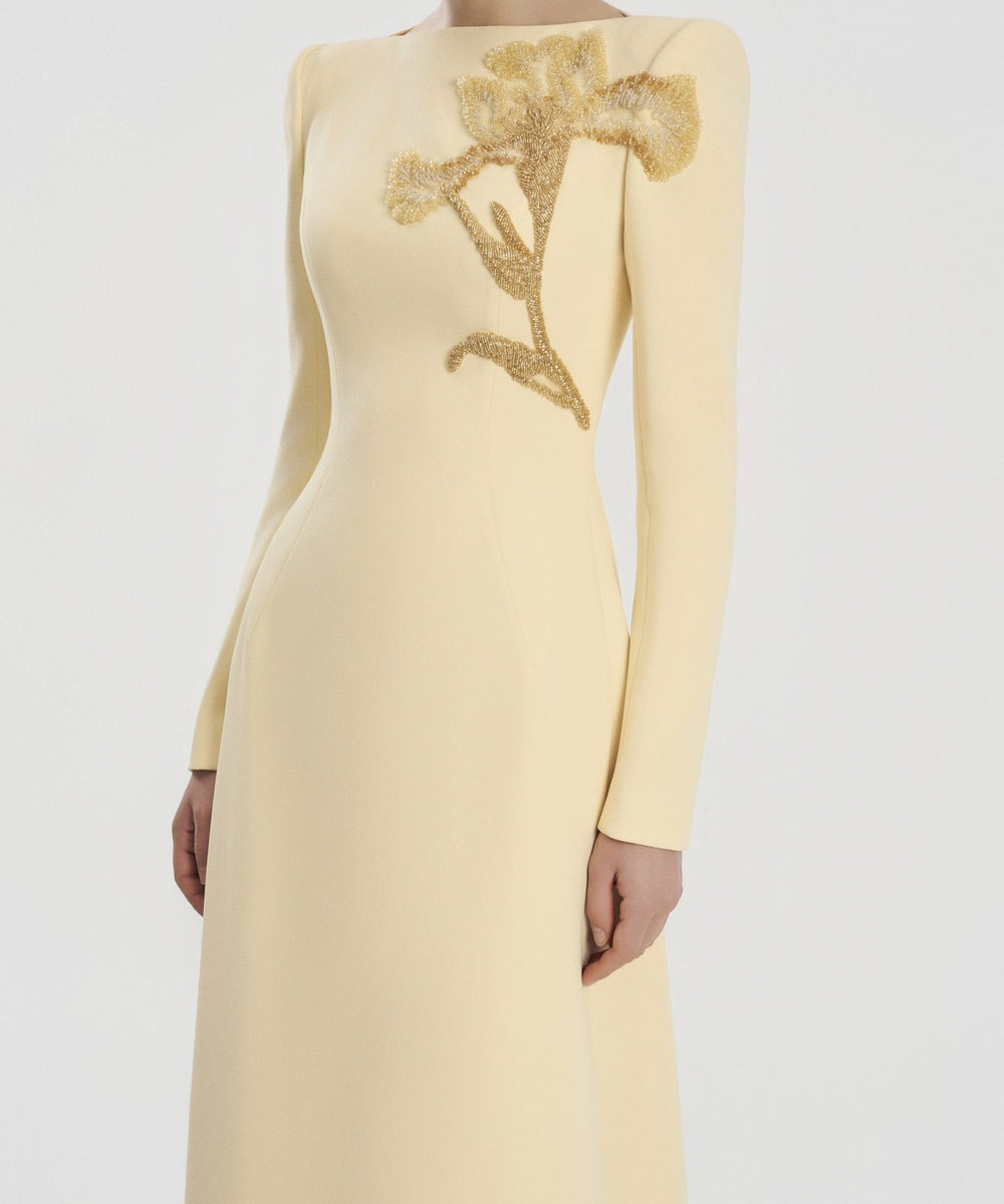 Pale Yellow Long Sleeve Boat Neck Beaded Floral Sheath Formal Gown