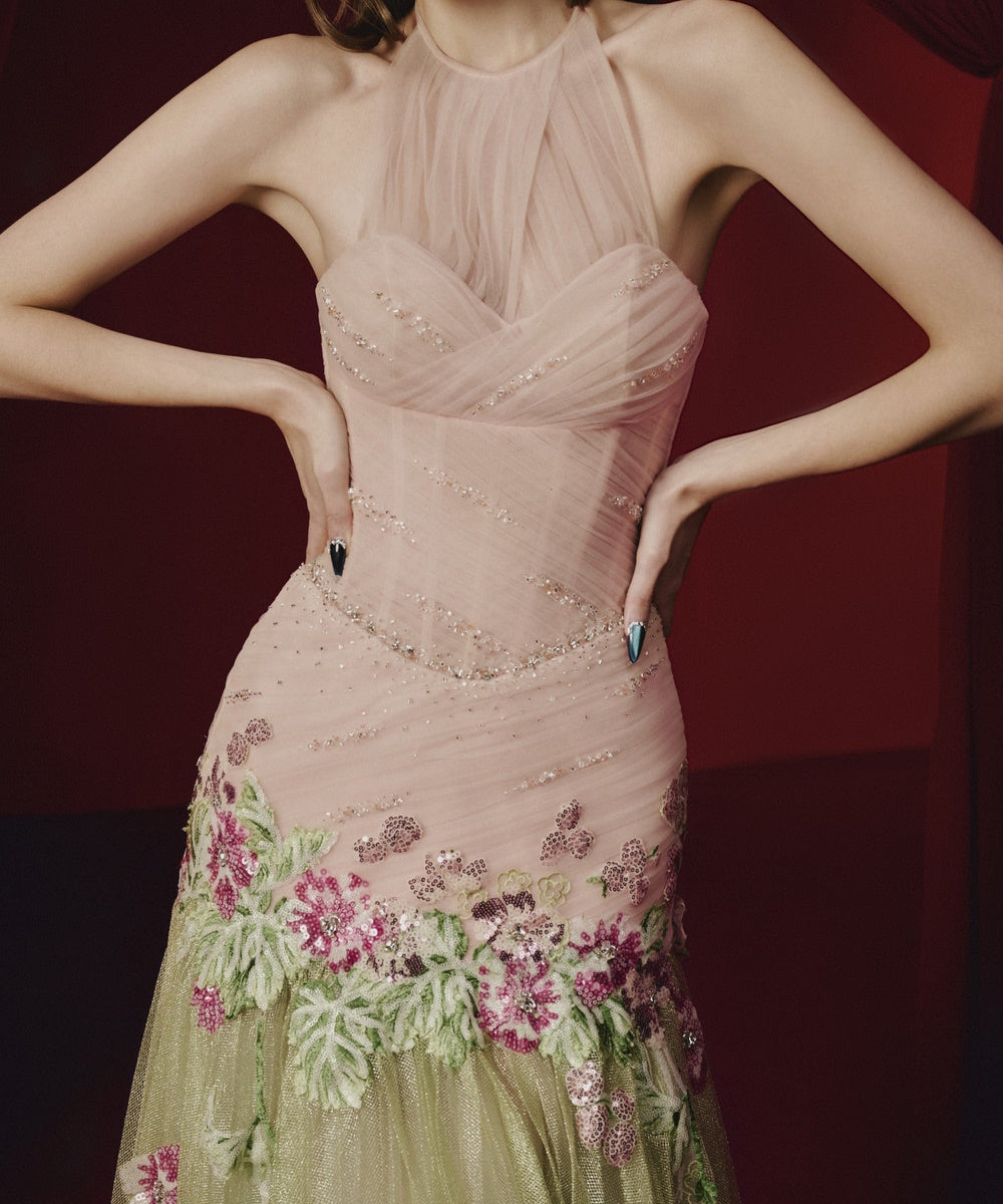 Pink Halter Floral Appliqué Tulle A-Line Formal Evening Gown