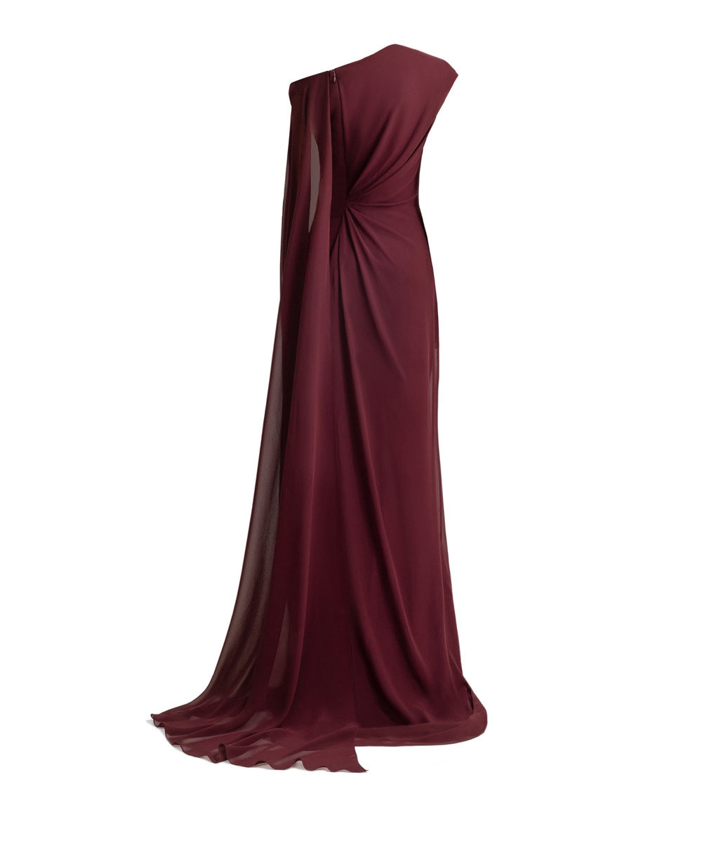 Burgundy Asymmetric Draped Chiffon Gown with Beaded Floral Embellishment