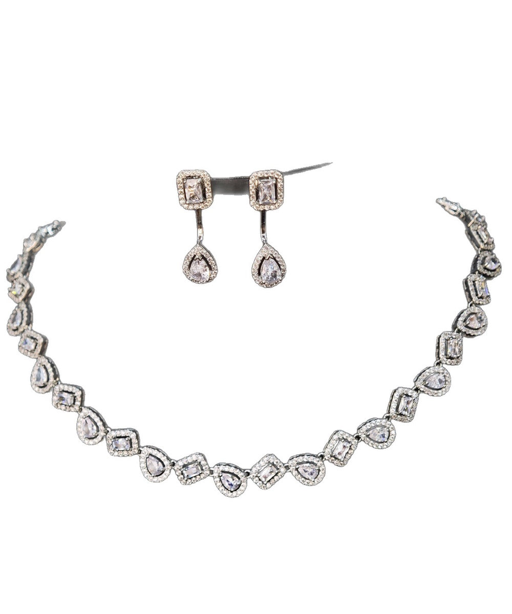 Halo Pear & Rectangle Cubic Zirconia Necklace Drop Earring Jewelry Set 2 Tones Silver Rose Gold