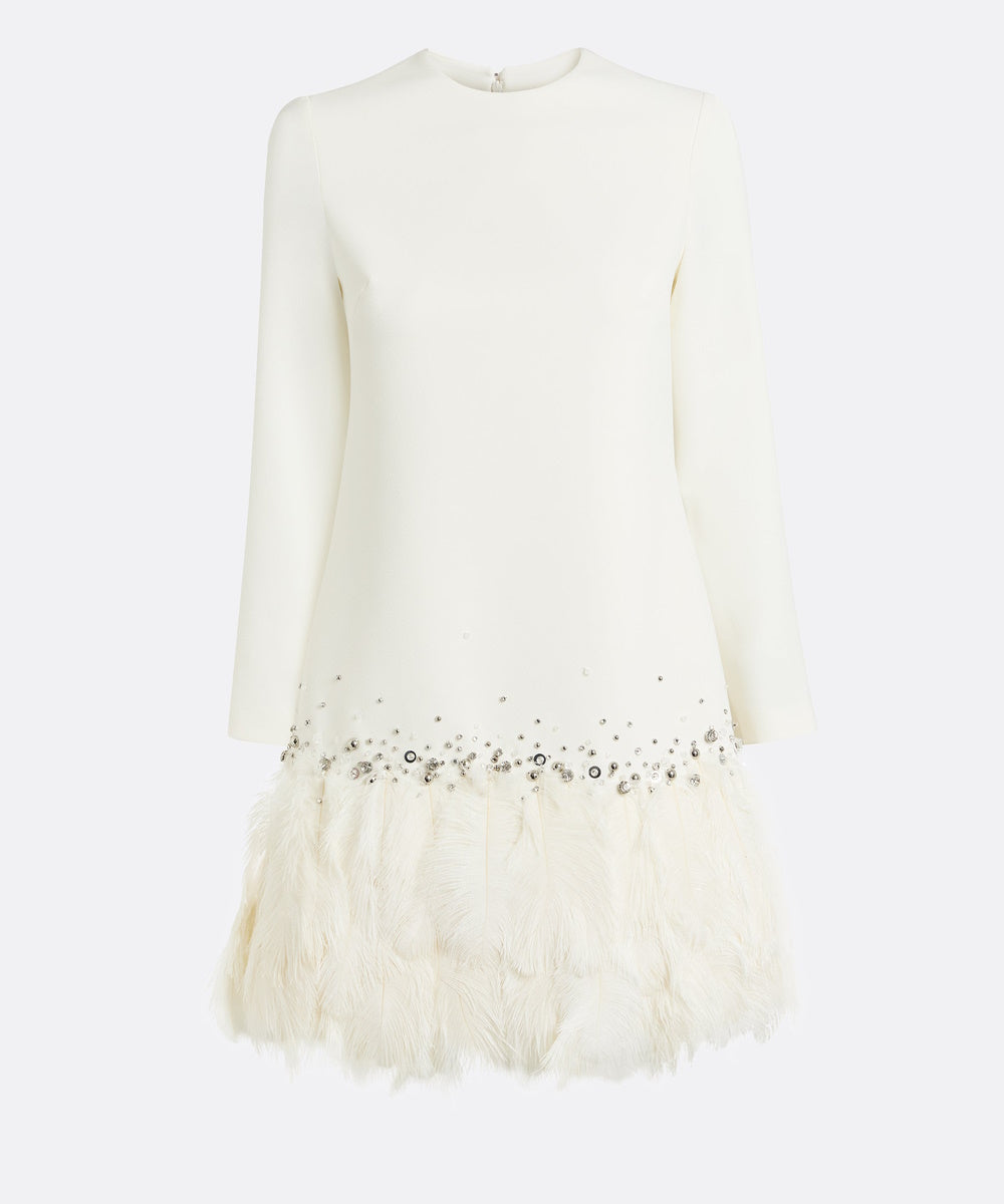 Cream Long‑Sleeve Mini Shift Dress With Crystal Beading And Feather Hem