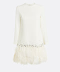 Cream Long‑Sleeve Mini Shift Dress With Crystal Beading And Feather Hem