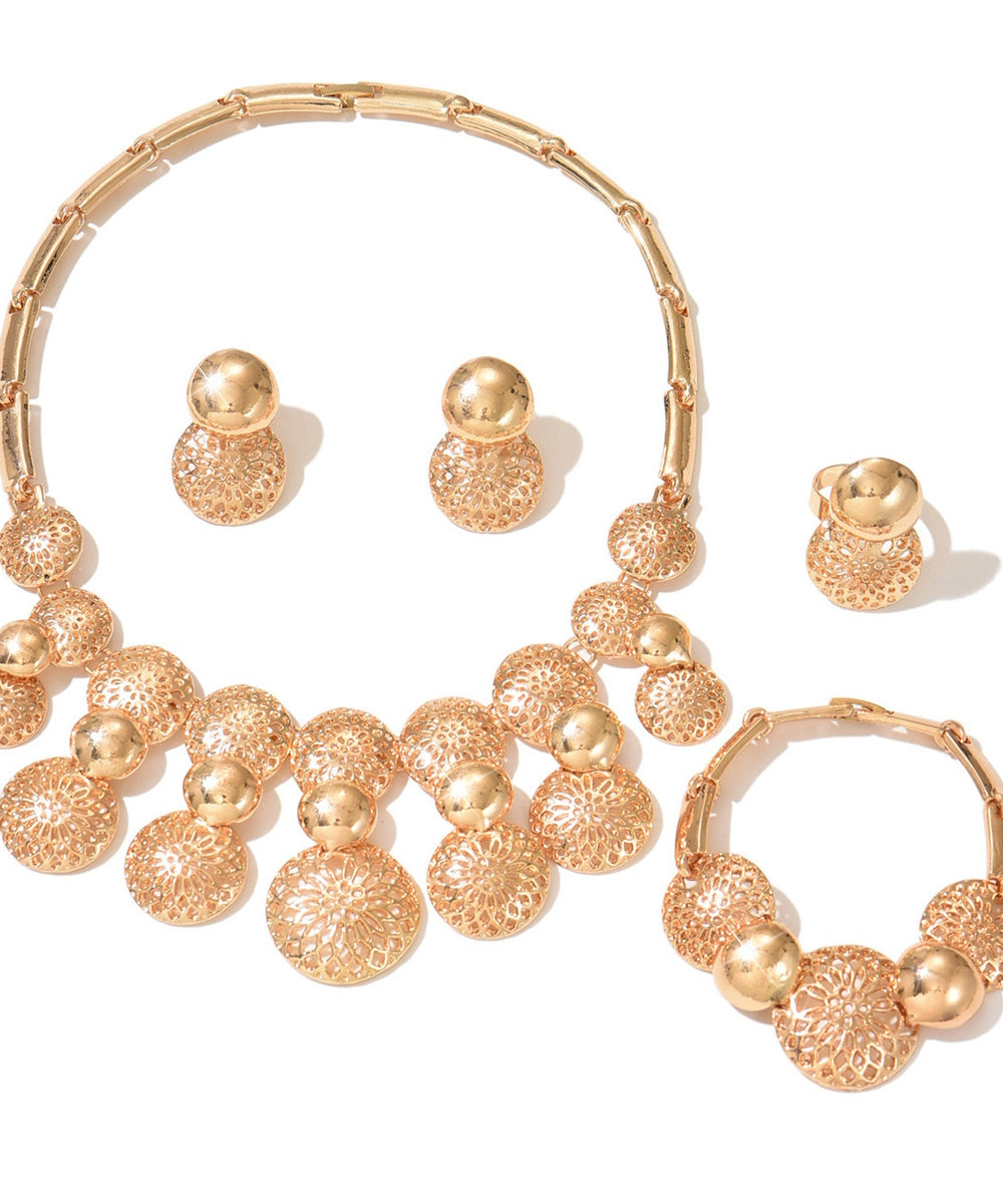 Vintage Gold Hollow Floral Disc Statement Jewelry Set 4 Pieces