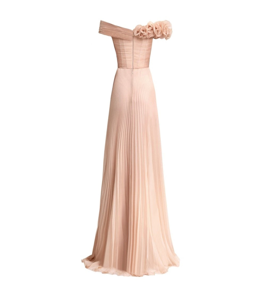 Blush Pink Asymmetric Off Shoulder 3D Floral Pleated Chiffon Maxi Evening Gown