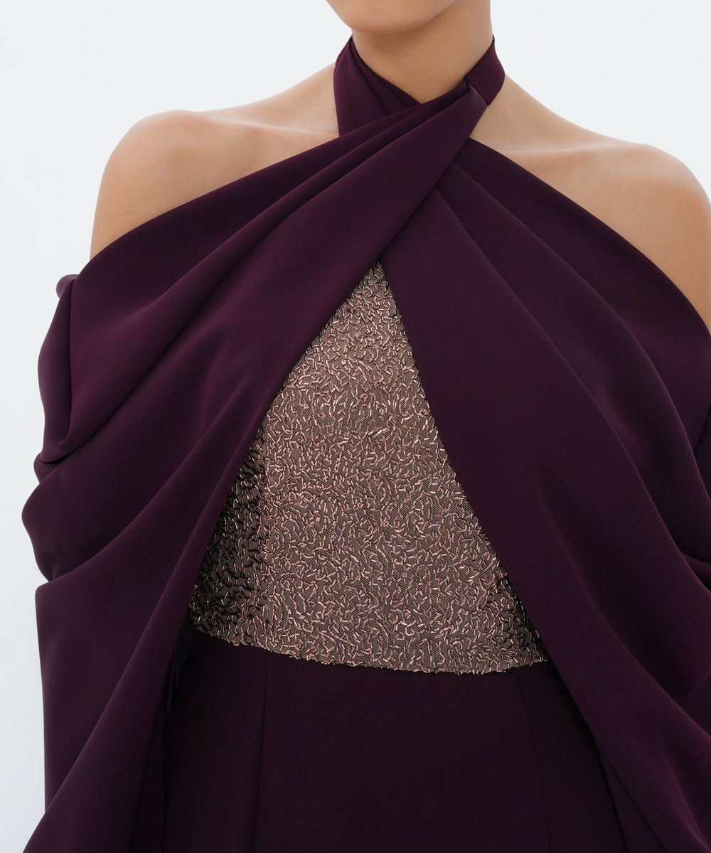 Plum Halter Cross Neck Beaded Panel Draped Long Sleeve Mermaid Evening Gown