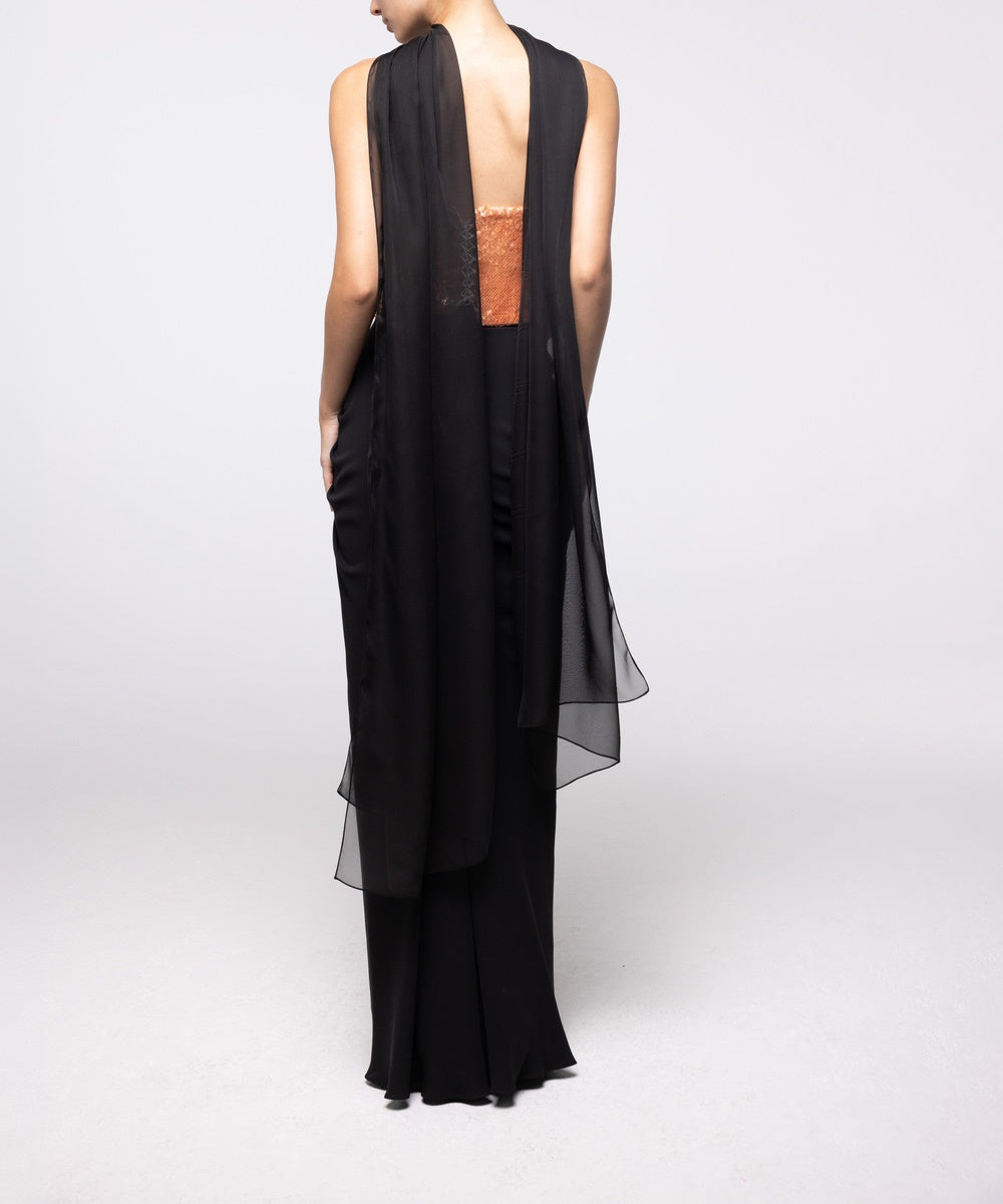 Rose Gold Sequin Corset with Black Chiffon Cape Draped Maxi Evening Gown