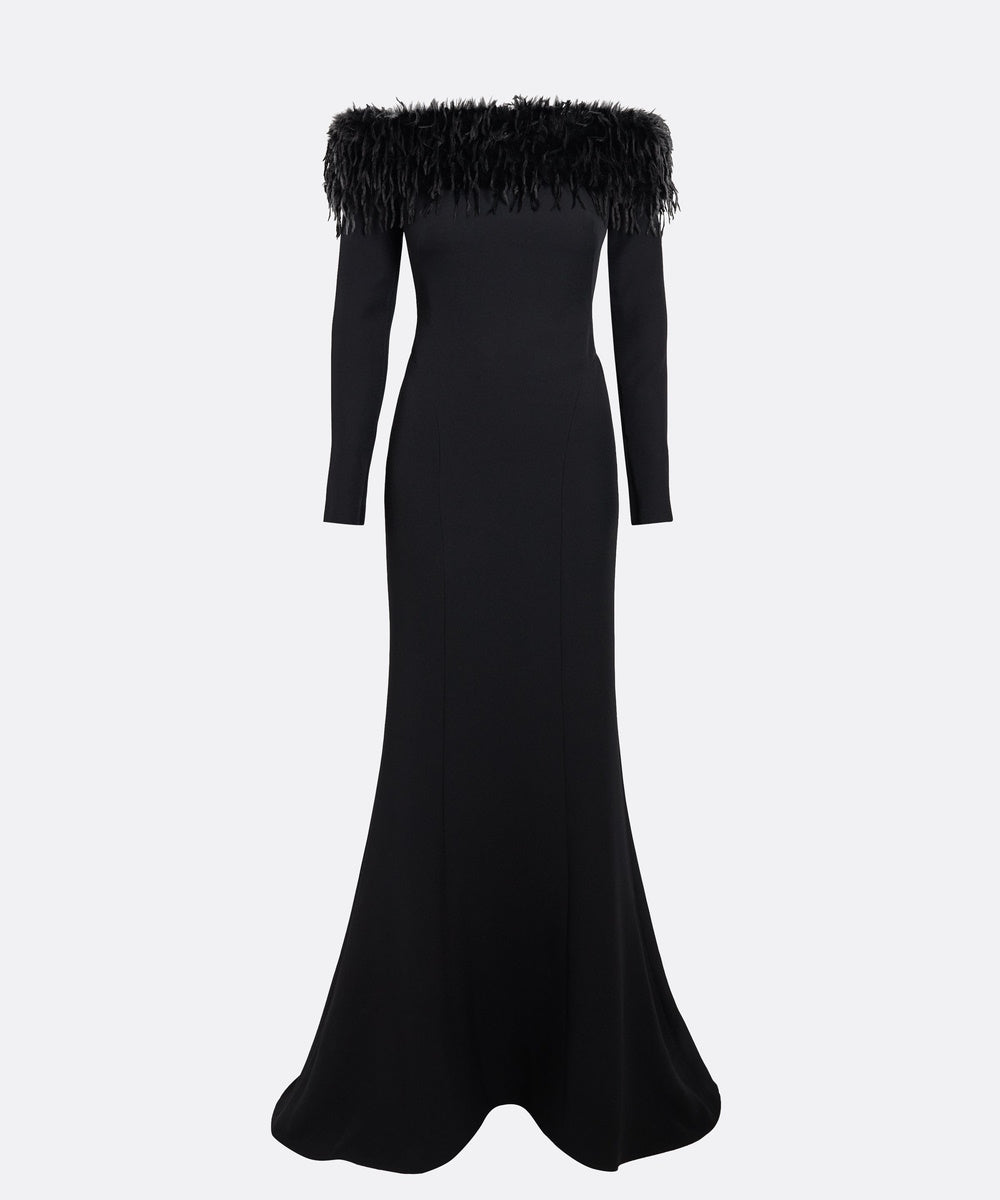Black Off The Shoulder Feather Trim Long Sleeve Mermaid Evening Gown