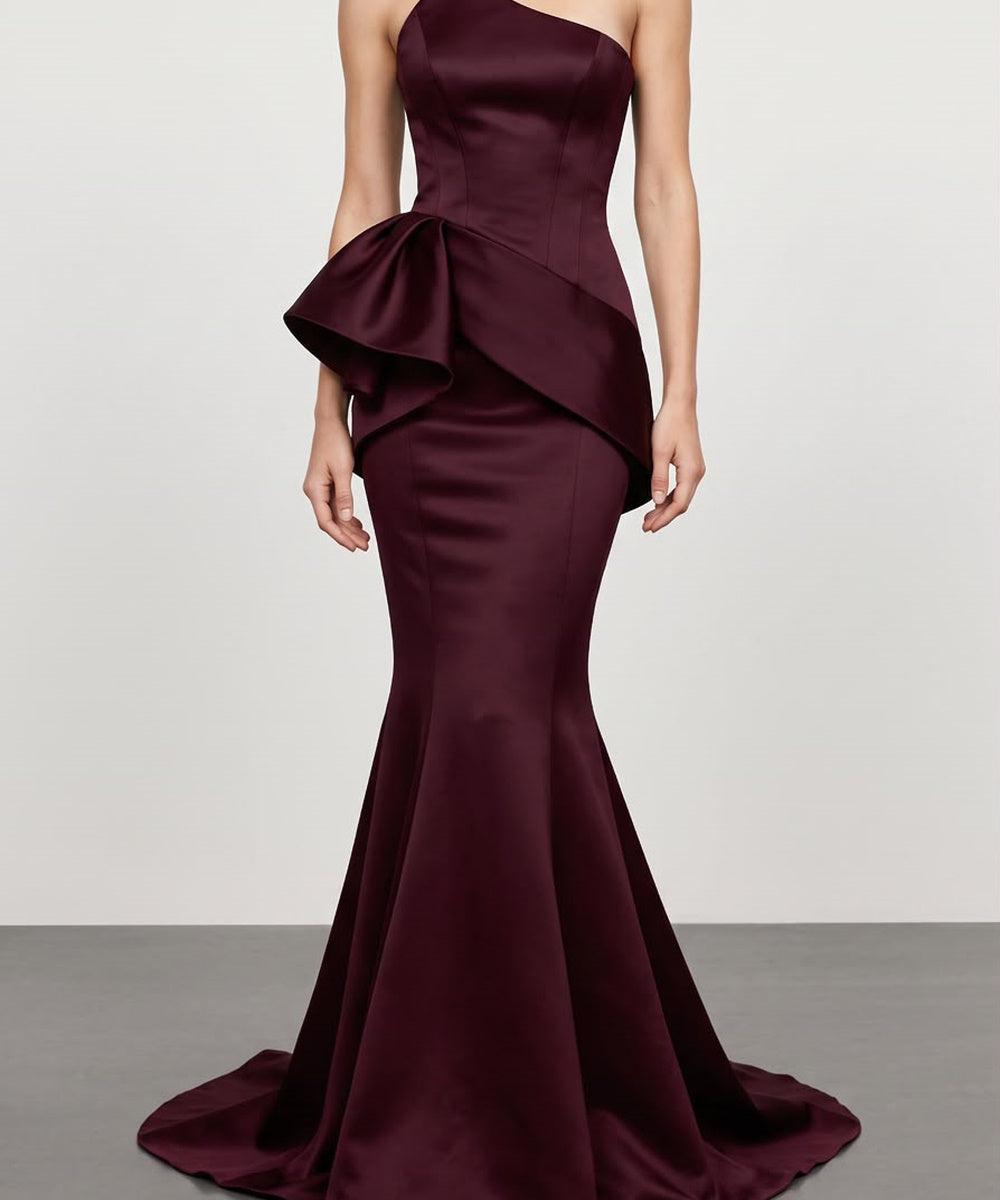 Burgundy One Shoulder Satin Mermaid Evening Gown with Statement Peplum