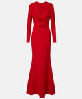 Red Deep V Double Bow Long Sleeve Mermaid Train Evening Gown