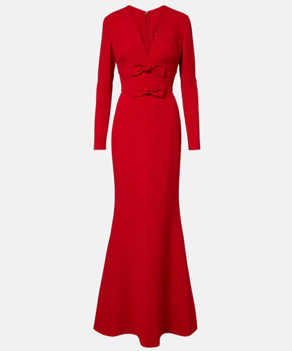 Red Deep V Double Bow Long Sleeve Mermaid Train Evening Gown