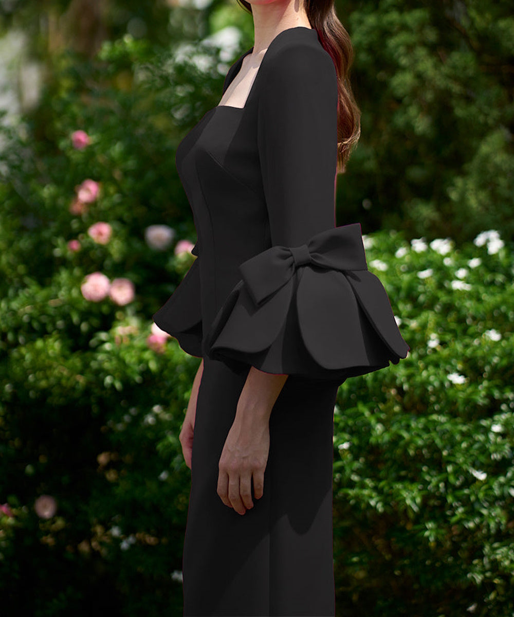 Black Square Neck Maxi Formal Gown With Statement Bow Bell Sleeves