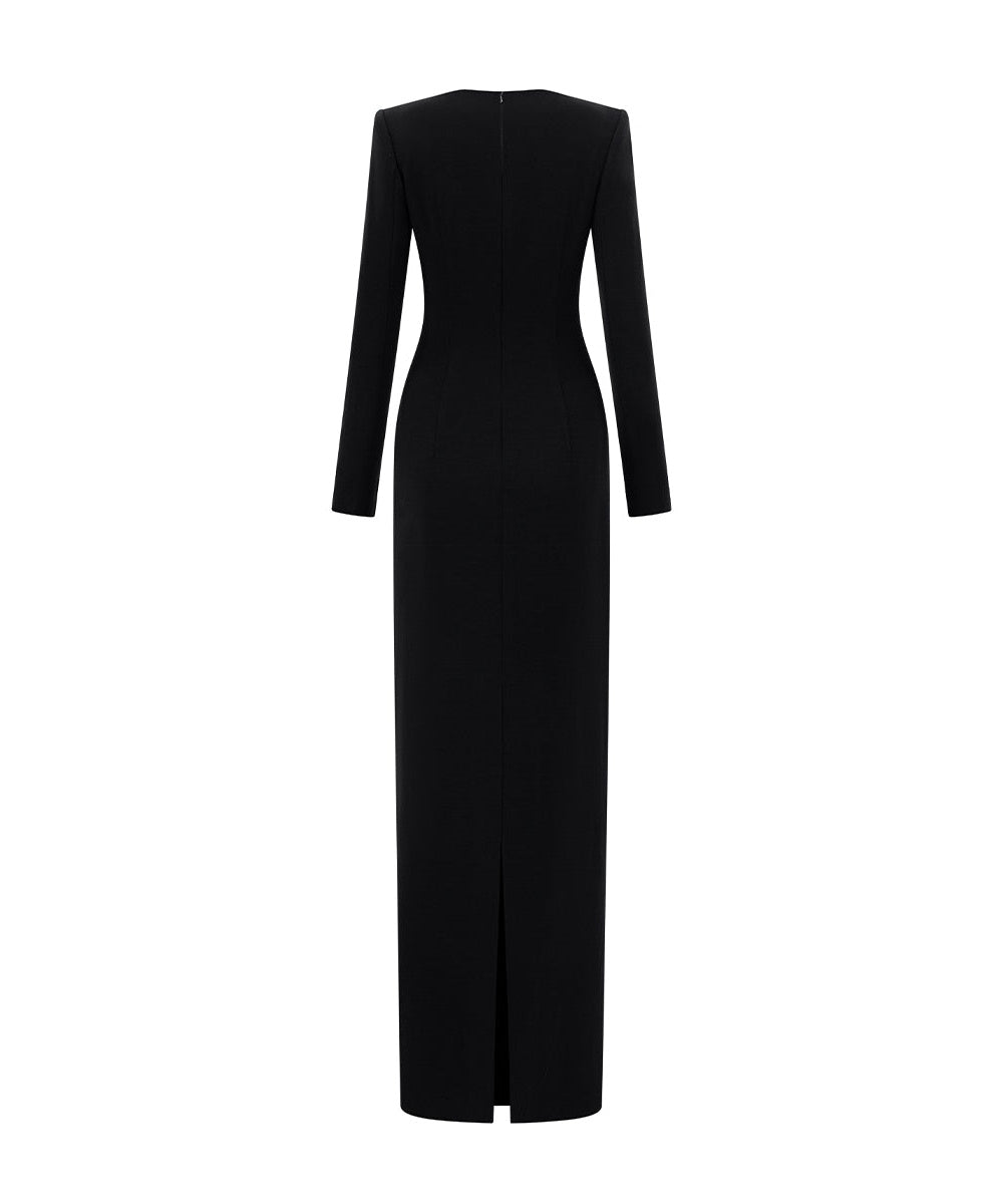 Black Long Sleeve Square Neck Midi Evening Gown With Pink Crystal Embellishments