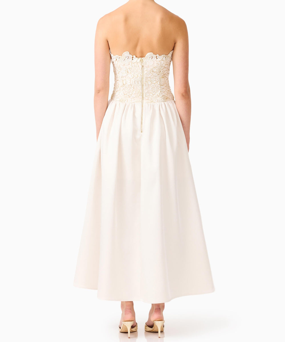 Strapless Floral Lace Beaded Midi Wedding Guest Dress With Removable Spaghetti Straps