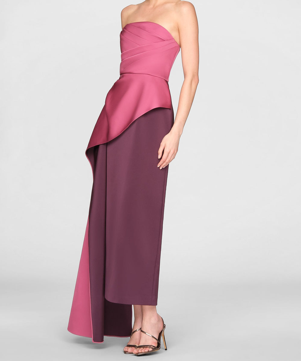 Strapless Two-Tone Satin Draped Midi Formal Gown