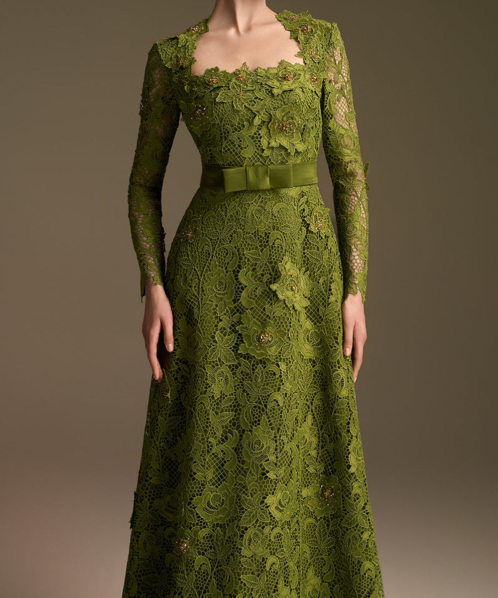 Olive Green Square Neck Long Sleeve Lace A-Line Evening Gown With Satin Belt