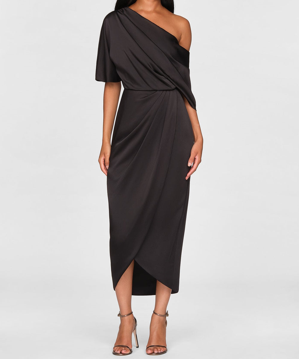 One Shoulder Draped Satin Midi Formal Dress