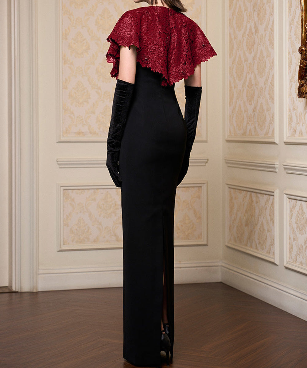 Black Fitted Maxi Evening Dress With Burgundy Beaded Lace Capelet