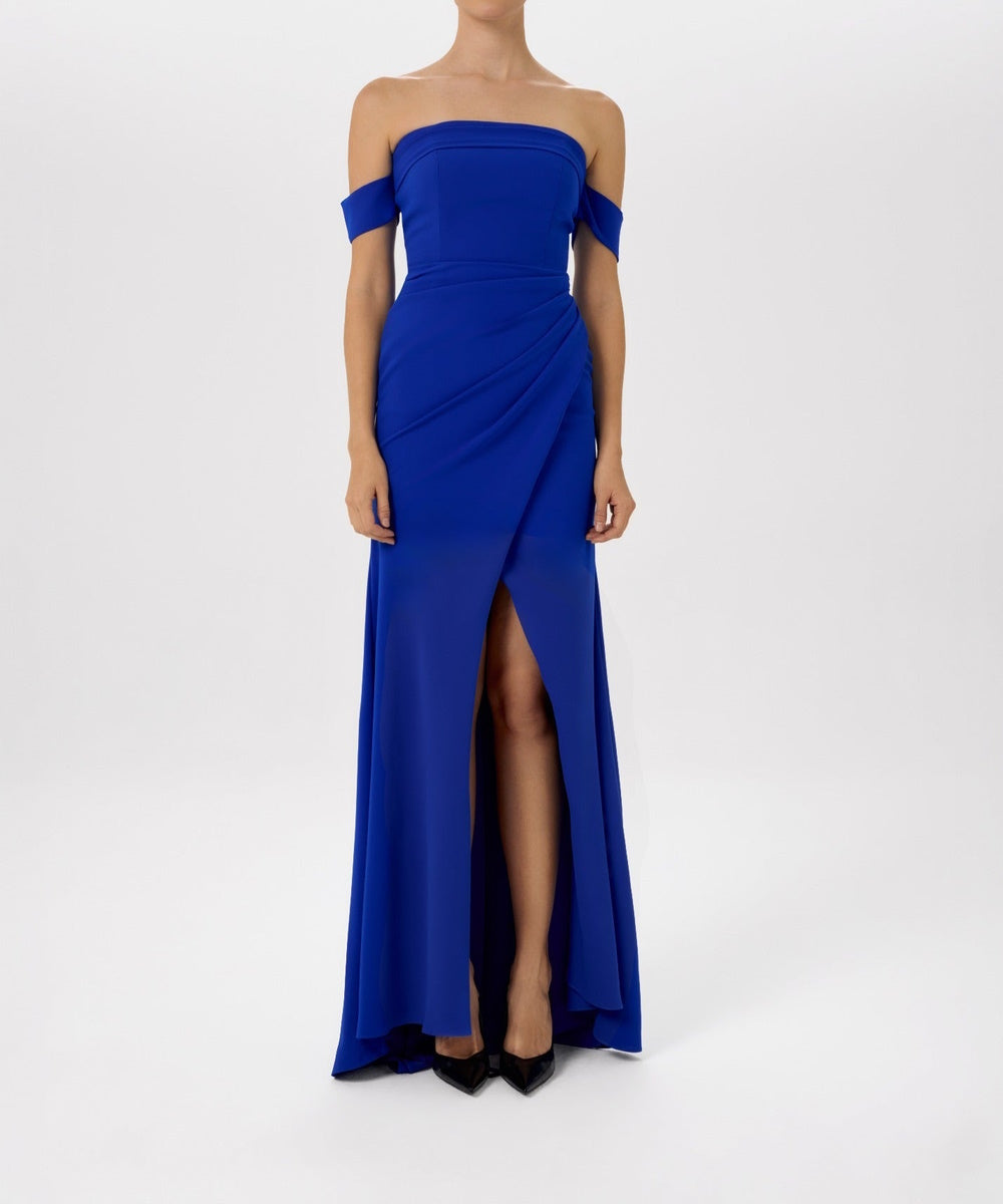 Strapless Royal Blue Slit Formal Gown With Detachable Beaded Tulle Cape