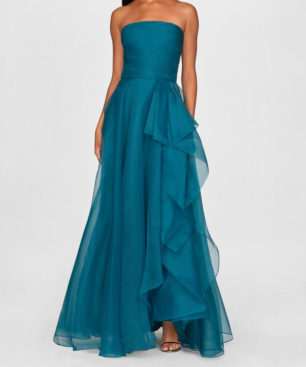 Strapless Ruched Organza A-Line Evening Gown