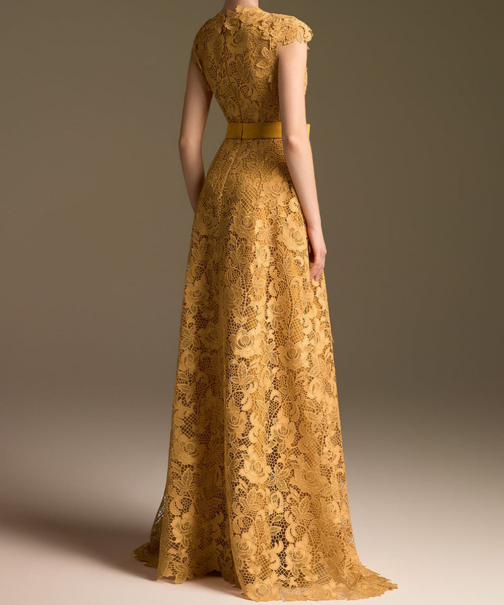 Golden Lace V-Neck Cap Sleeve Long Formal Evening Gown With Satin Bow Sash