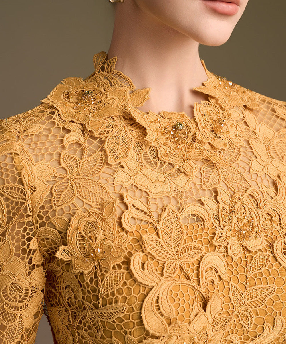 Golden Lace High Neck Long Sleeve Mermaid Formal Evening Gown