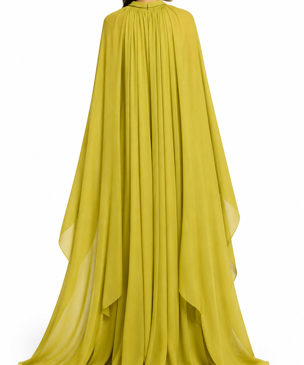 High Neck Flowy Chiffon Cape Sleeve Loose Maxi Evening Gown