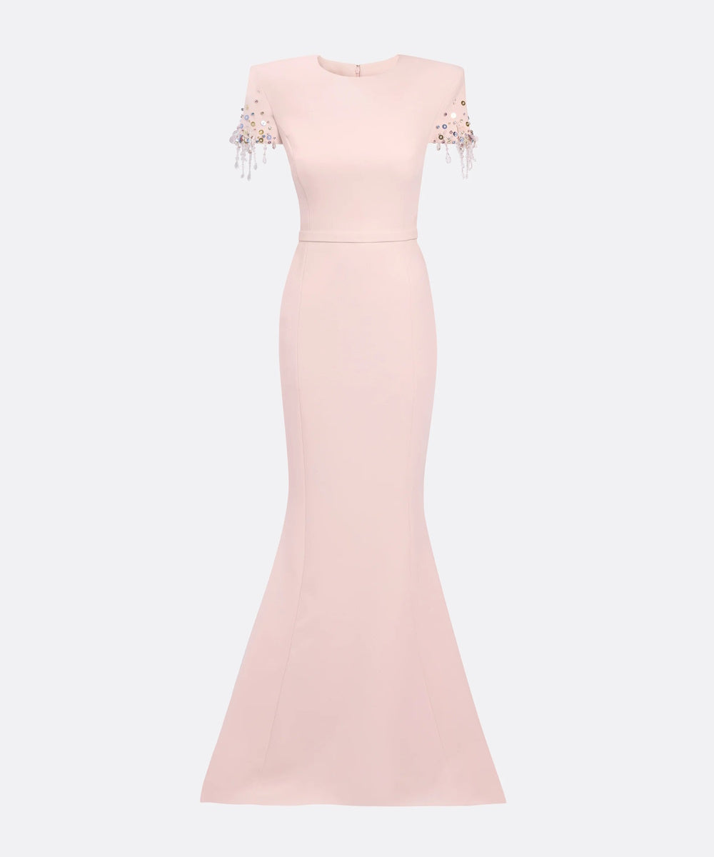 Blush Pink Crystal Tassel Short Sleeve Mermaid Train Evening Gown