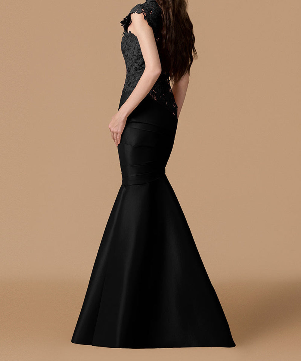 High Neck Lace Cap Sleeve Mermaid Satin Evening Gown