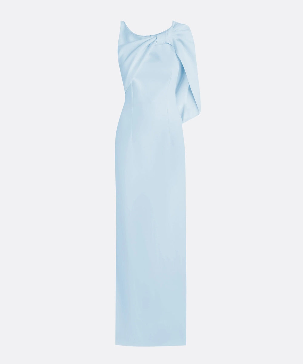 Light Blue Asymmetric Draped Cape Shoulder Column Maxi Gown